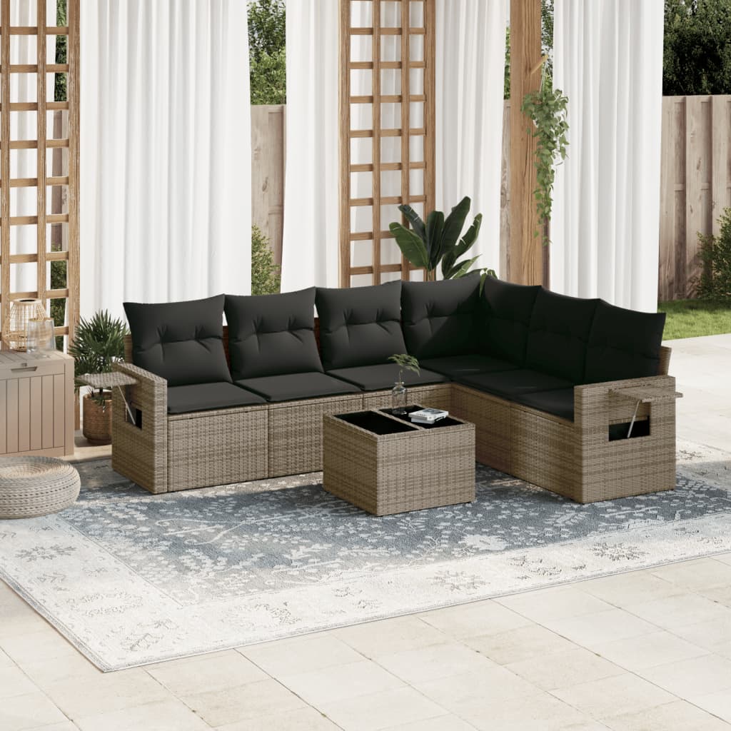 vidaXL 7-tlg. Garten-Sofagarnitur mit Kissen Grau Poly Rattan