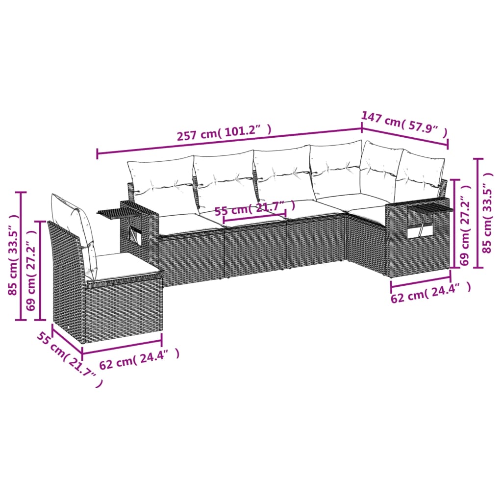 vidaXL 6-delige Loungeset met kussens poly rattan zwart afbeelding