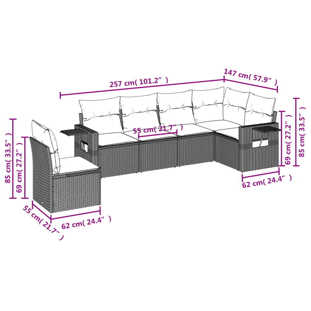 vidaXL 6-delige Loungeset met kussens poly rattan grijs afbeelding