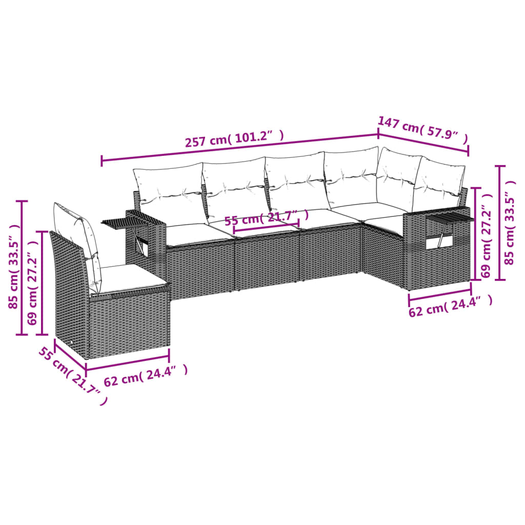 vidaXL 6-delige Loungeset met kussens poly rattan lichtgrijs afbeelding