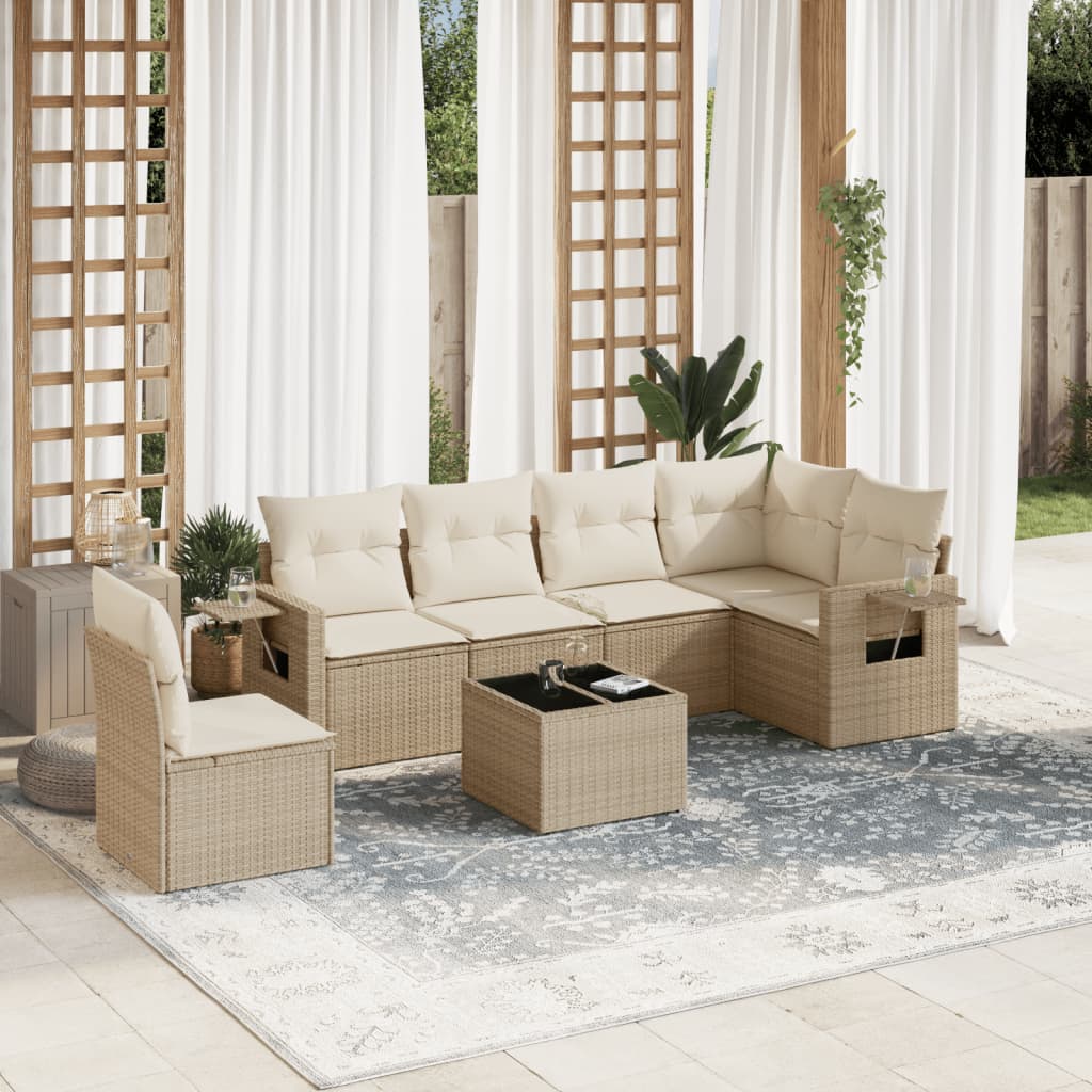 vidaXL 7-tlg. Garten-Sofagarnitur mit Kissen Beige Poly Rattan