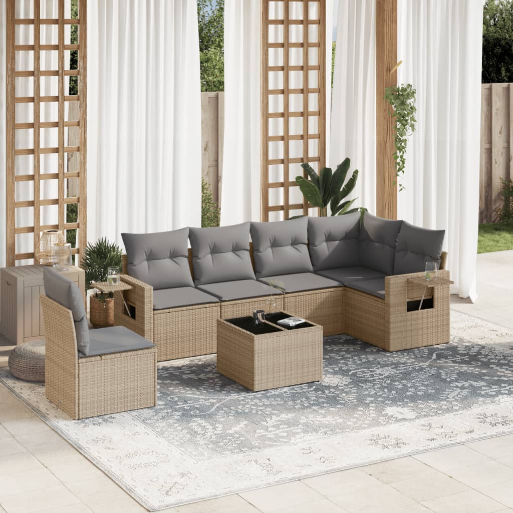 vidaXL 7-tlg. Garten-Sofagarnitur mit Kissen Beige Poly Rattan