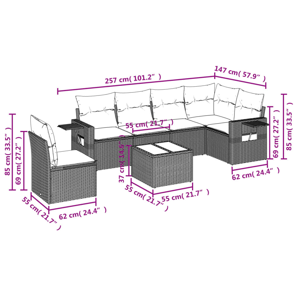 vidaXL 7-delige Loungeset met kussens poly rattan grijs