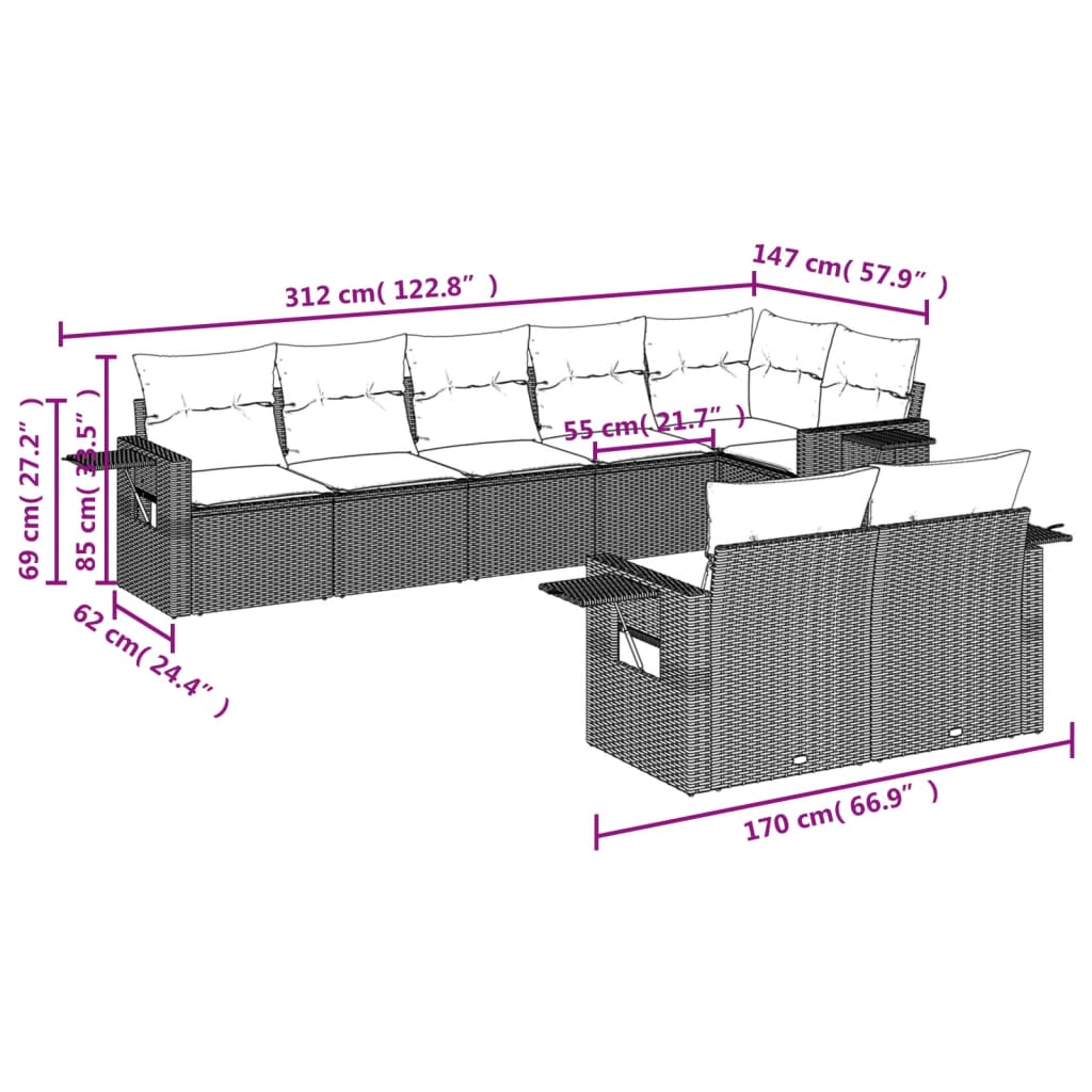 vidaXL 8-delige Loungeset met kussens poly rattan beige