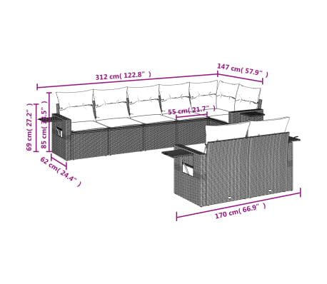 vidaXL Sodo komplektas su pagalvėlėmis, 8 dalių, pilkas, poliratanas