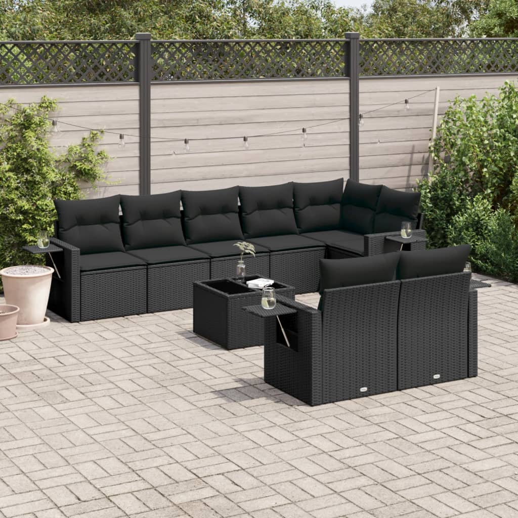 vidaXL 9-tlg. Garten-Sofagarnitur mit Kissen Schwarz Poly Rattan