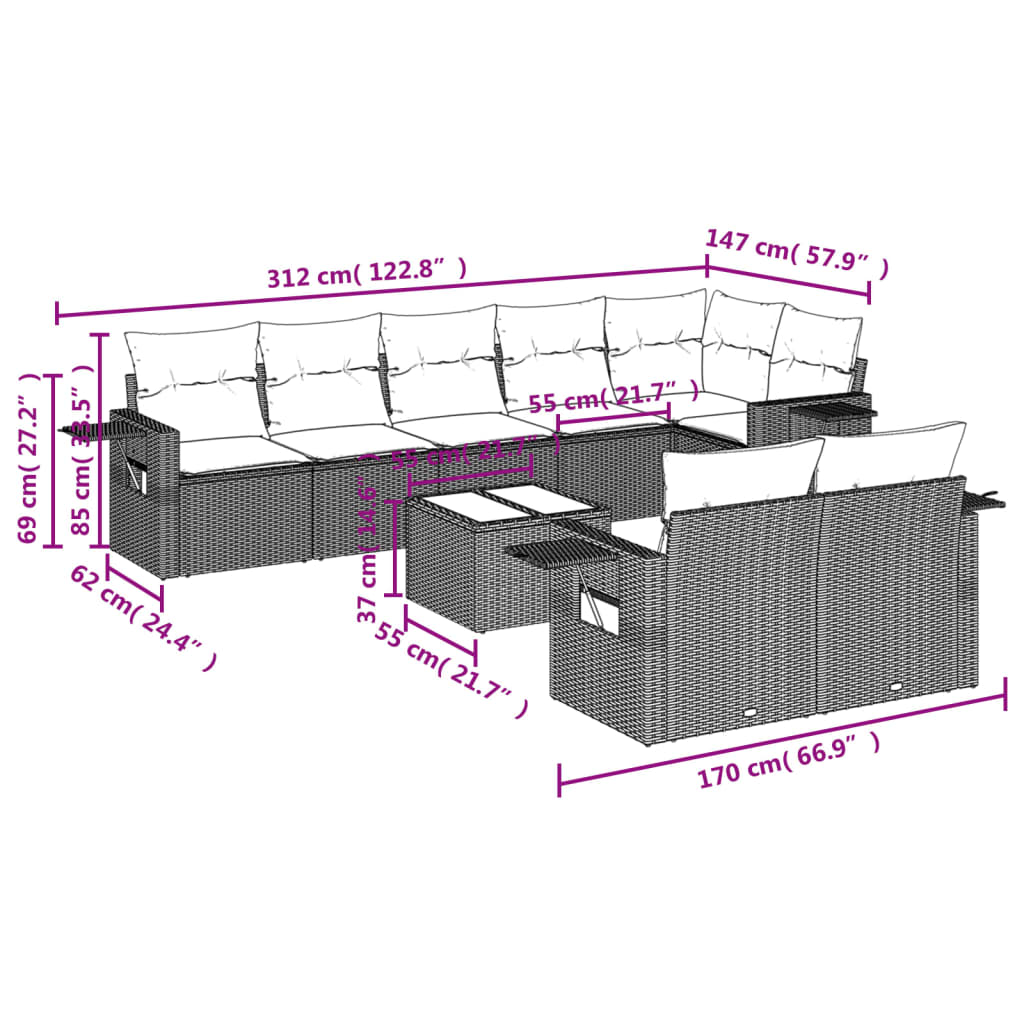 vidaXL 9-delige Loungeset met kussens poly rattan beige