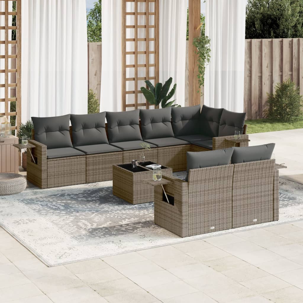 vidaXL 9-tlg. Garten-Sofagarnitur mit Kissen Grau Poly Rattan