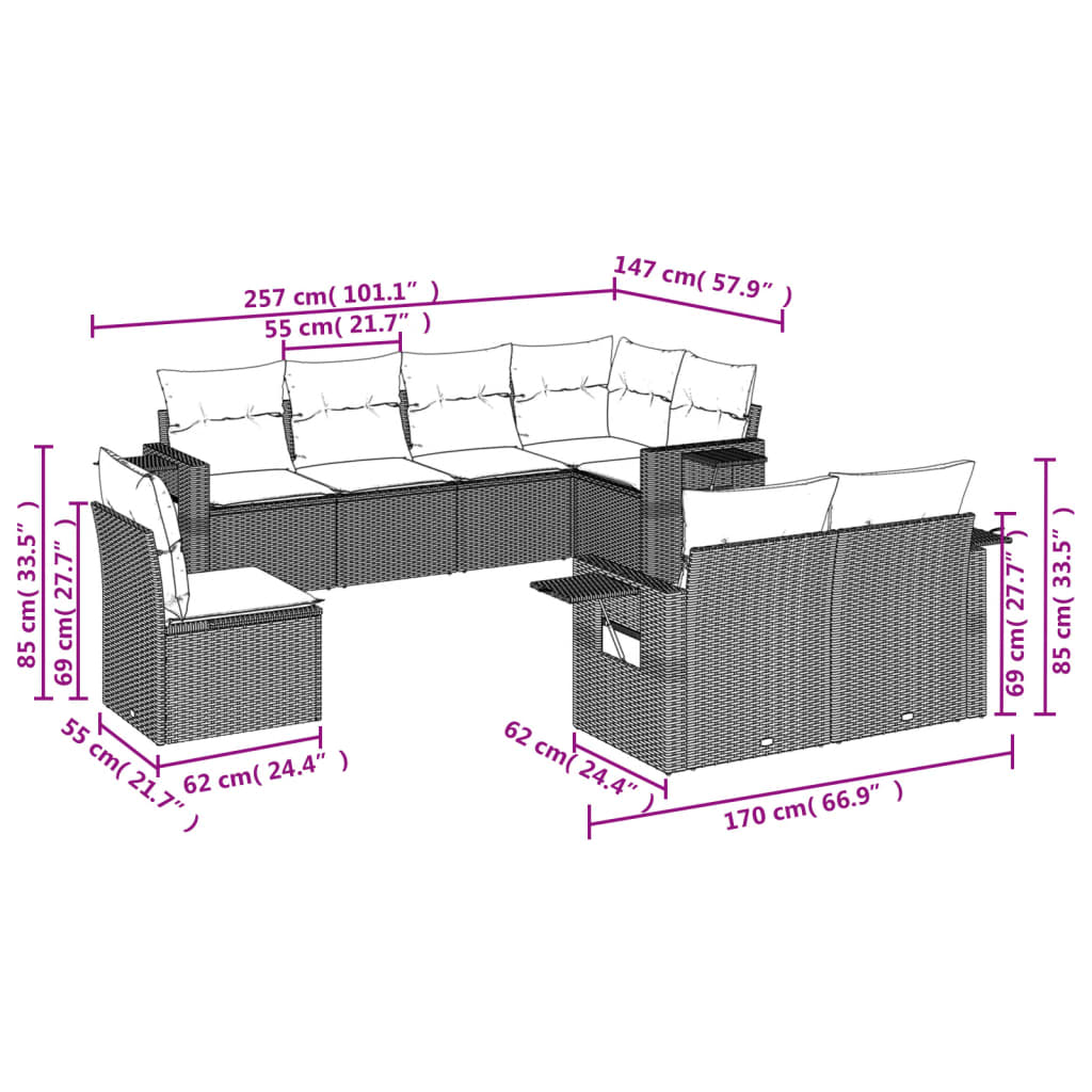vidaXL 8-delige Loungeset met kussens poly rattan beige afbeelding