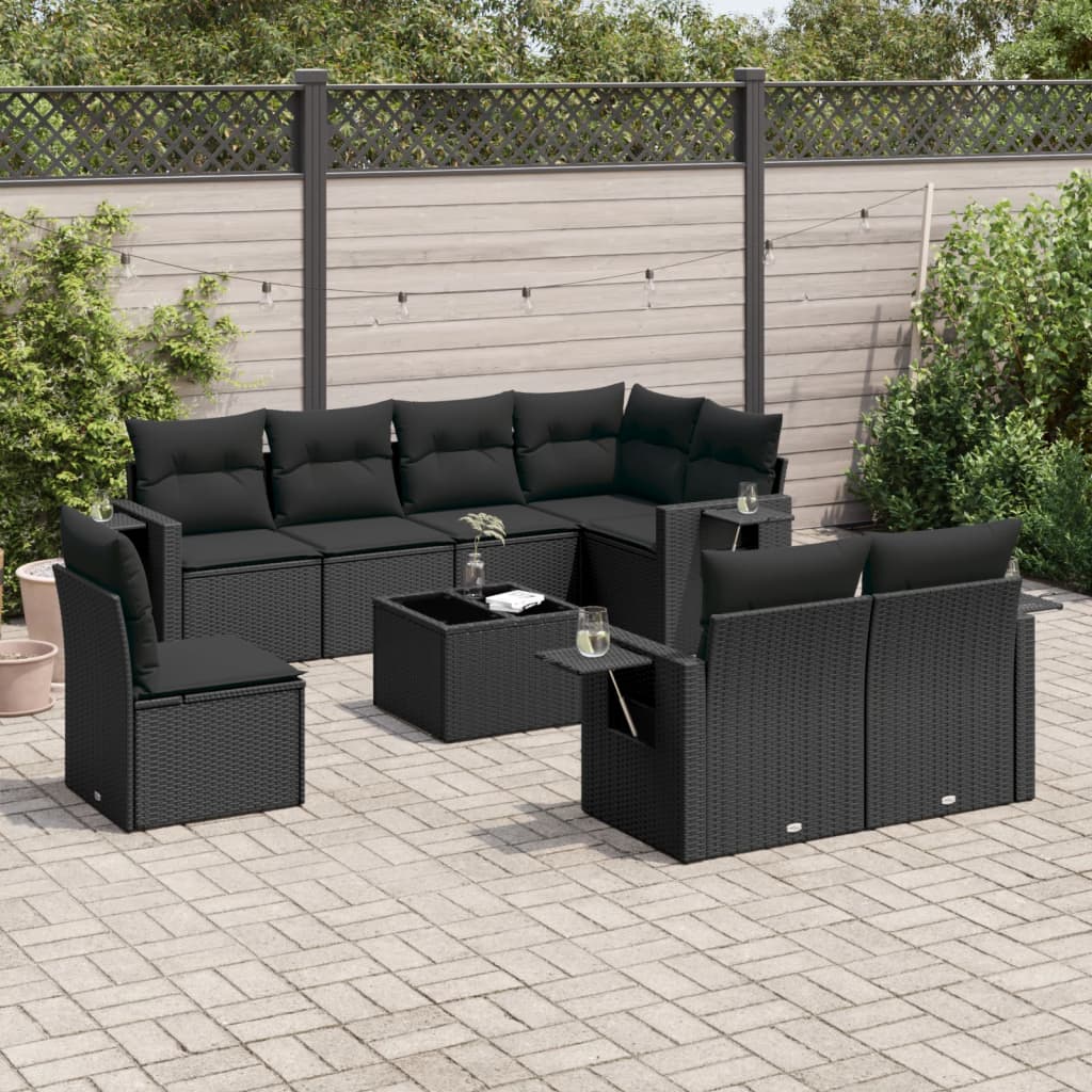 vidaXL 9-tlg. Garten-Sofagarnitur mit Kissen Schwarz Poly Rattan