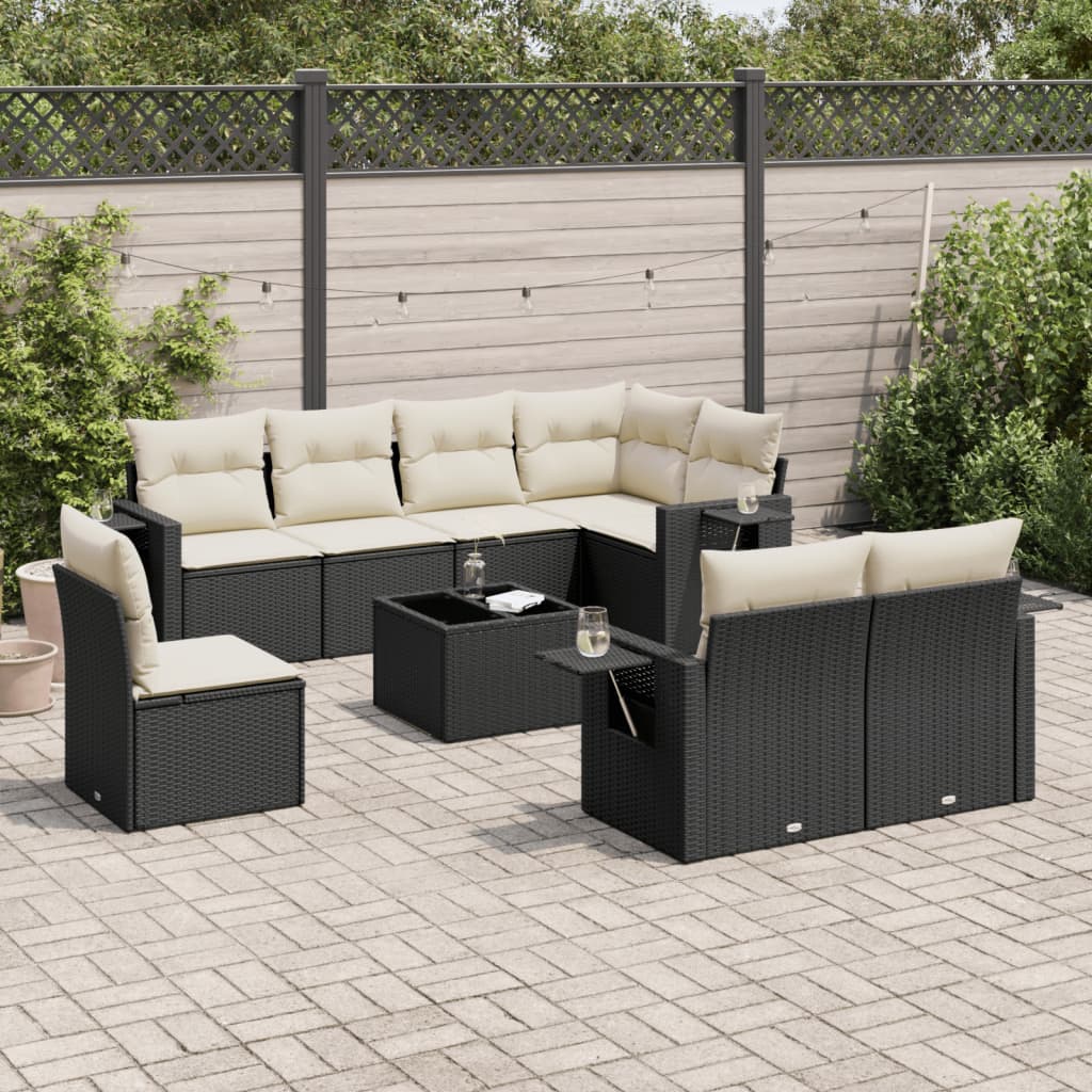 vidaXL 9-tlg. Garten-Sofagarnitur mit Kissen Schwarz Poly Rattan