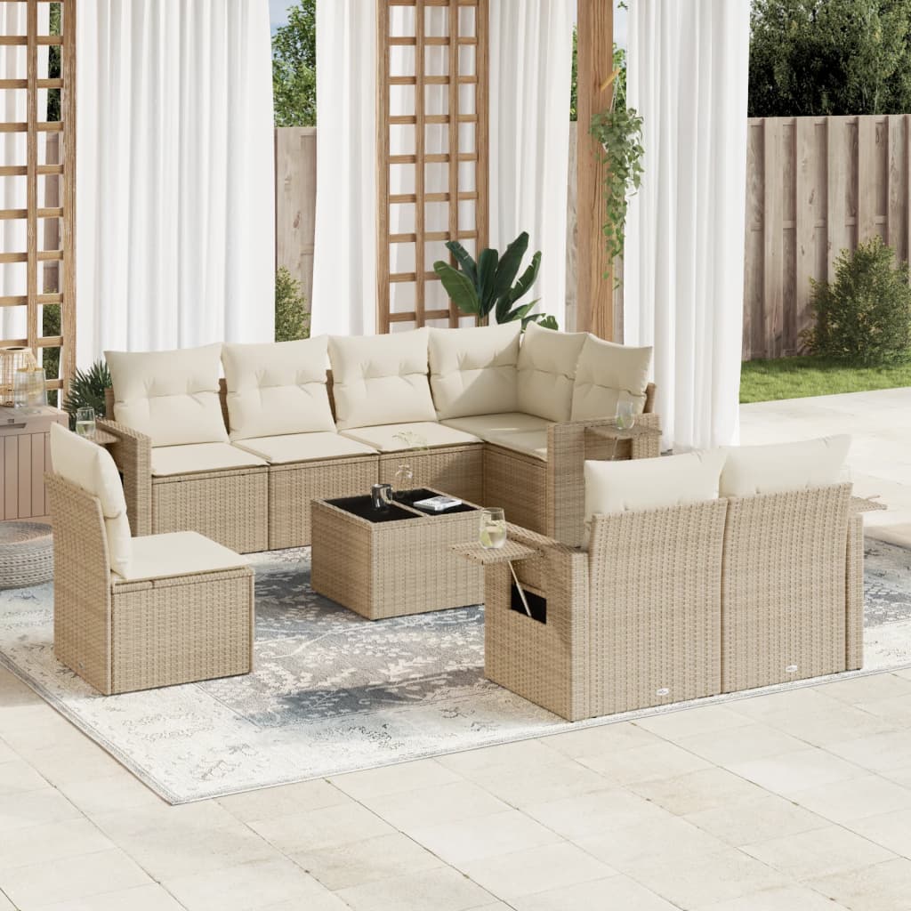 vidaXL 9-tlg. Garten-Sofagarnitur mit Kissen Beige Poly Rattan