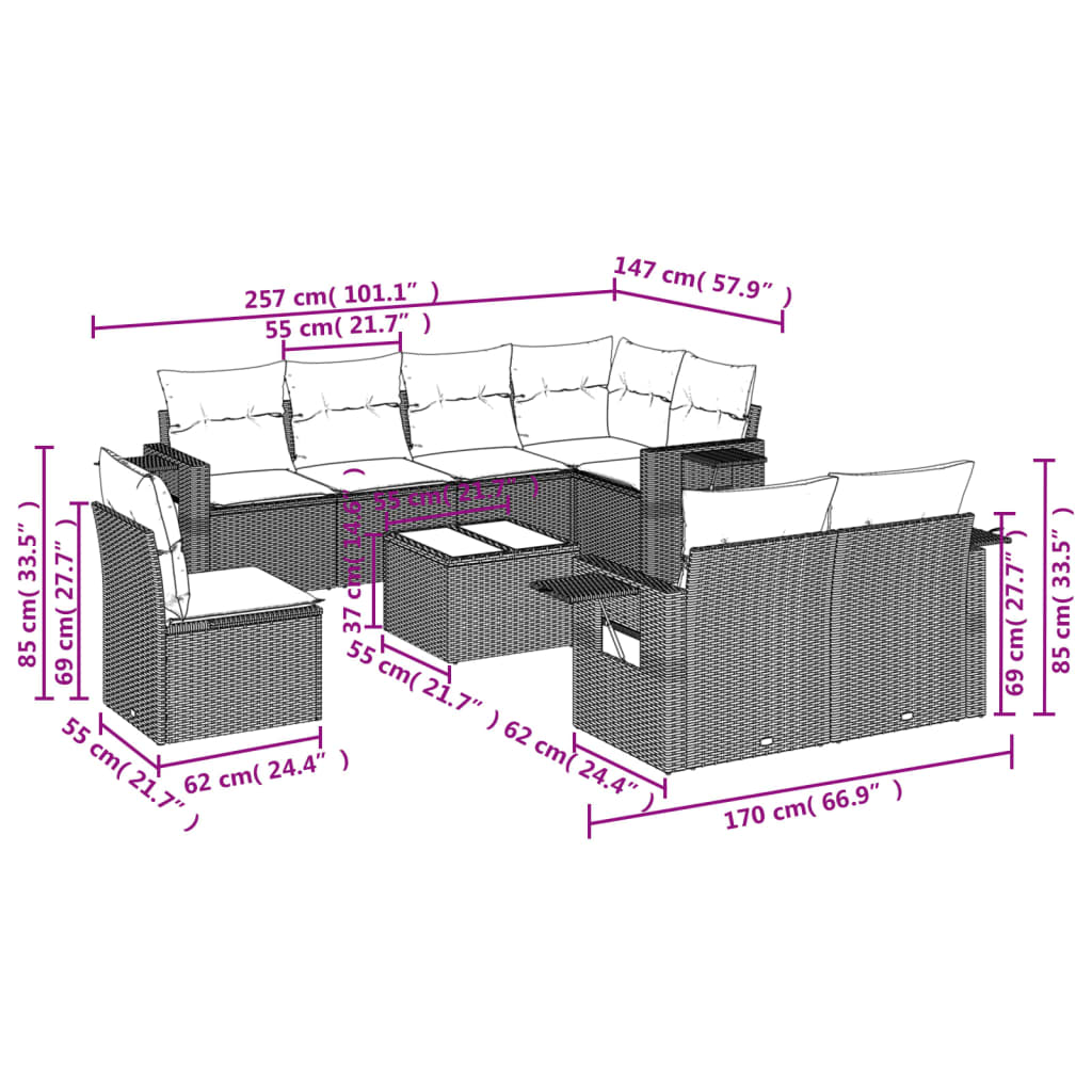 vidaXL 9-delige Loungeset met kussens poly rattan grijs