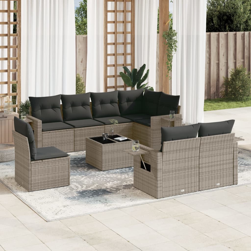 vidaXL 9-tlg. Garten-Sofagarnitur mit Kissen Grau Poly Rattan