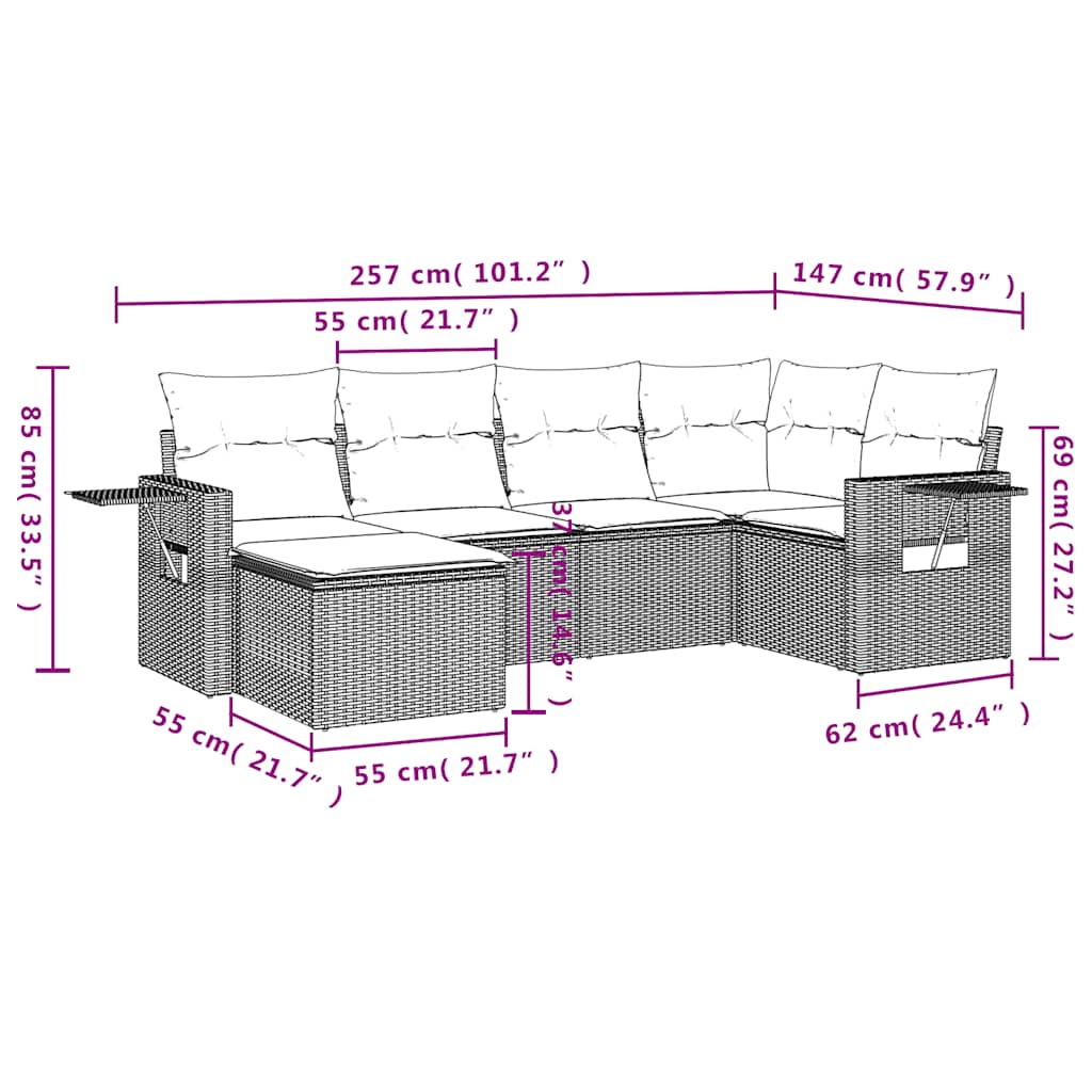 Set mobilier de grădină cu perne, 6 piese, negru, poliratan 3252792 - imagine 3