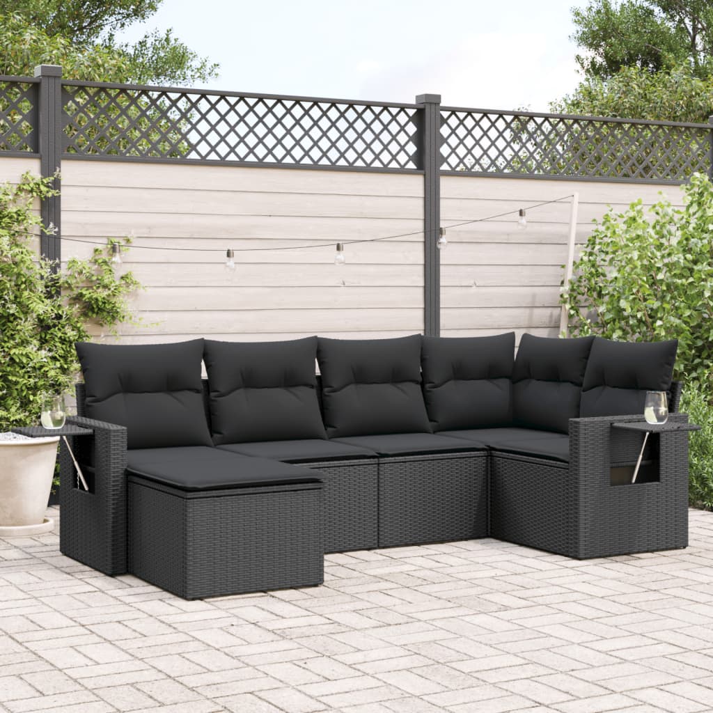 vidaXL 6-tlg. Garten-Sofagarnitur mit Kissen Schwarz Poly Rattan