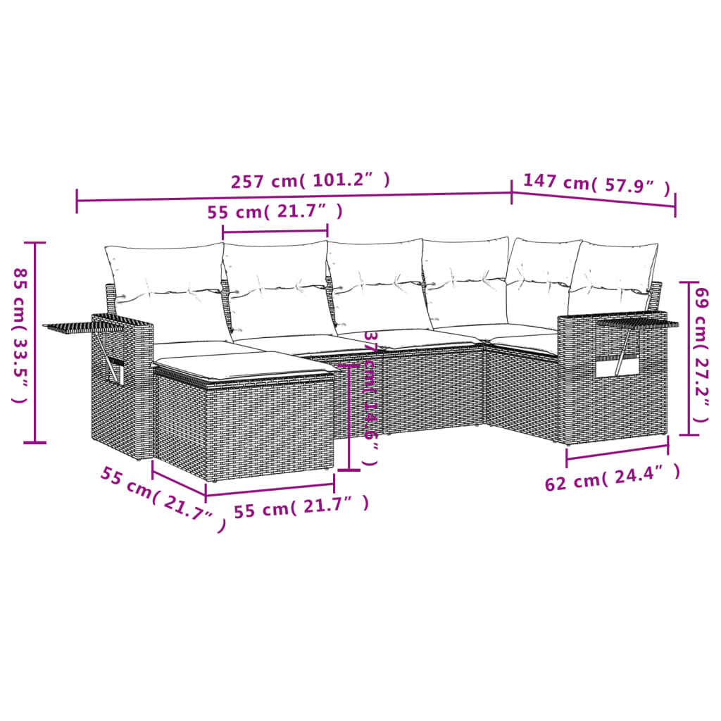 vidaXL 6-delige Loungeset met kussens poly rattan grijs afbeelding