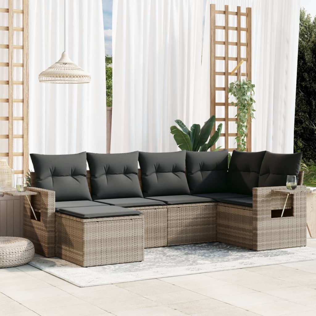 vidaXL 6-tlg. Garten-Sofagarnitur mit Kissen Hellgrau Poly Rattan