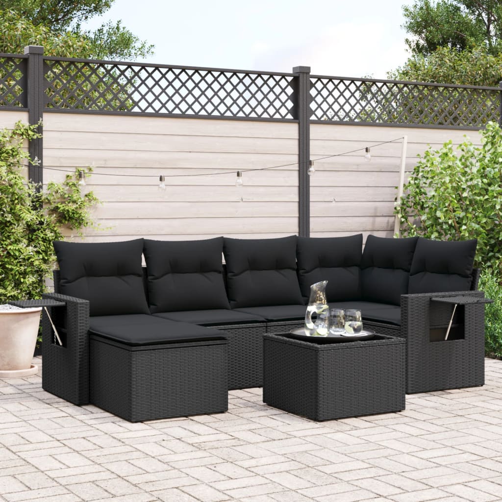 7-tlg. Garten-Sofagarnitur mit Kissen Schwarz Poly Rattan