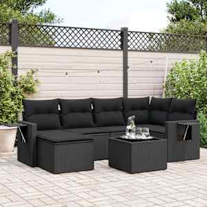 Vrtna sedežna garnitura 7-delna z blazinami črn poli ratan