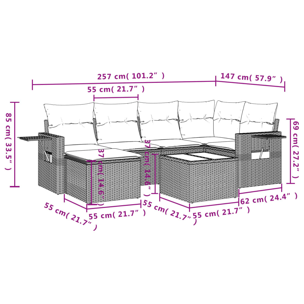 vidaXL 7-delige Loungeset met kussens poly rattan zwart afbeelding