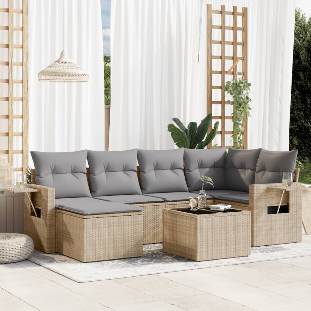 7-tlg. Garten-Sofagarnitur mit Kissen Beige Poly Rattan