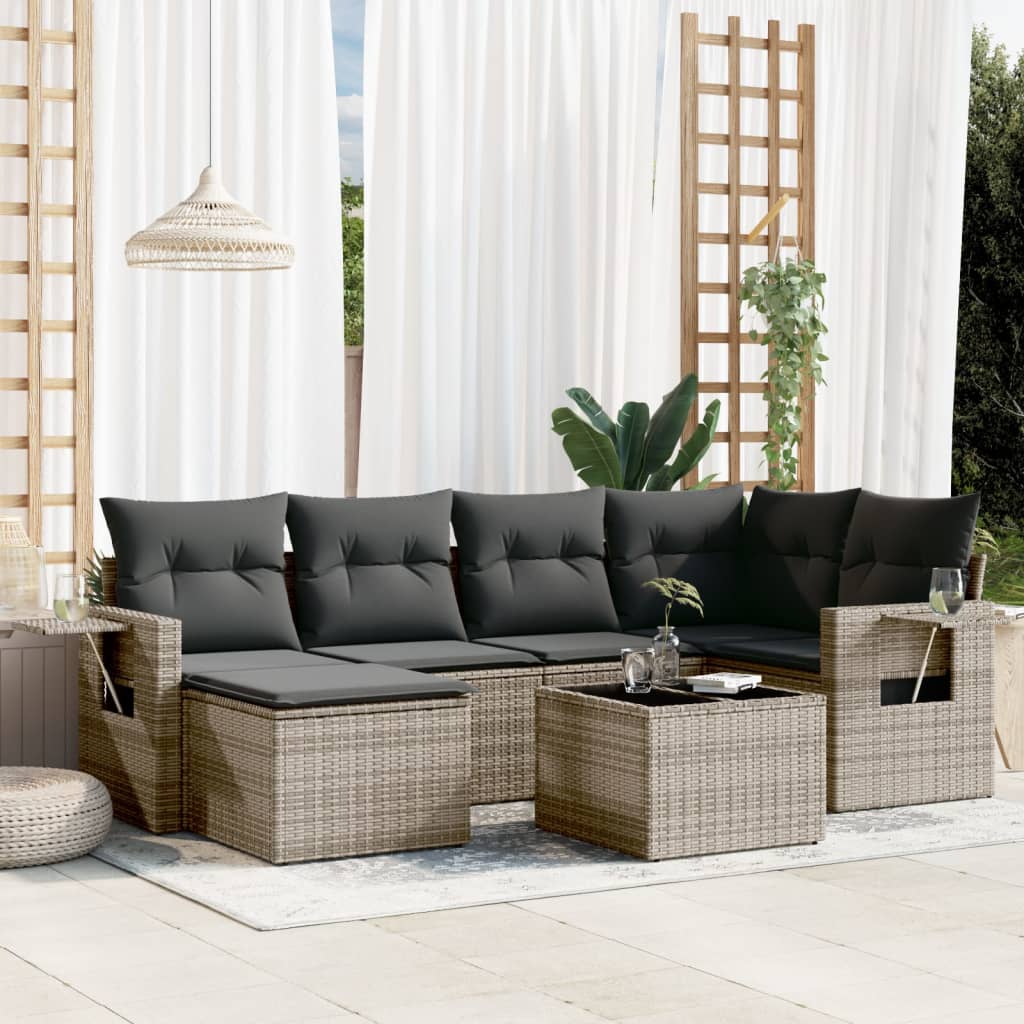 vidaXL 7-tlg. Garten-Sofagarnitur mit Kissen Grau Poly Rattan