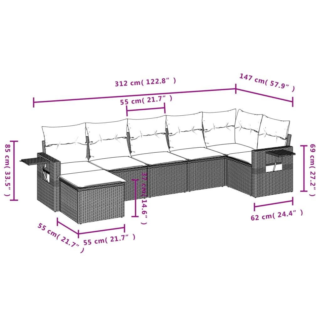 vidaXL 7-delige Loungeset met kussens poly rattan zwart afbeelding