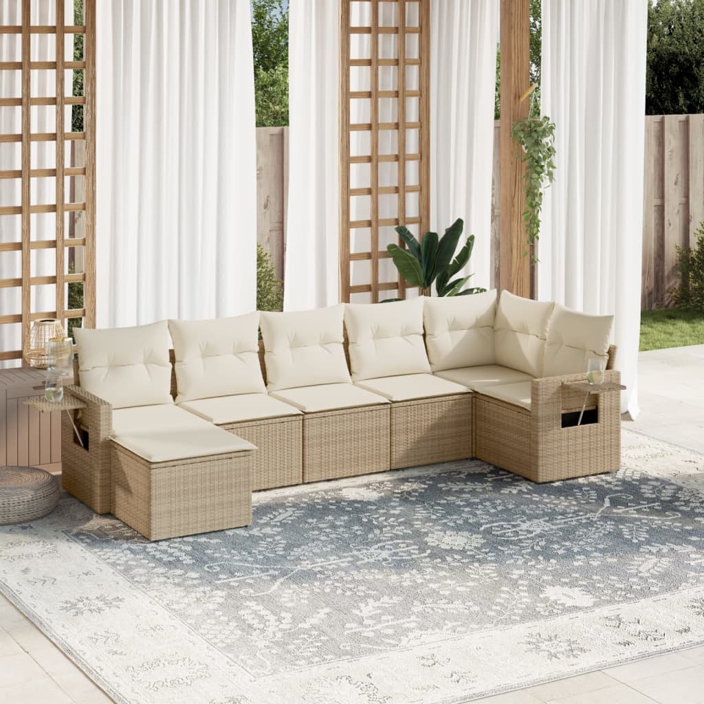 vidaXL 7-tlg. Garten-Sofagarnitur mit Kissen Beige Poly Rattan