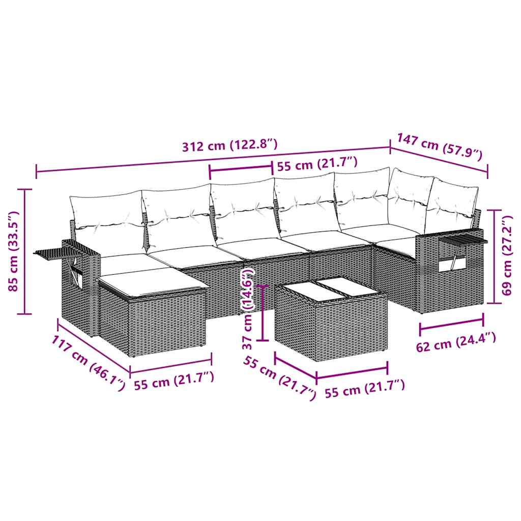 Set mobilier de grădină cu perne, 8 piese, negru, poliratan 3252823 - imagine 3