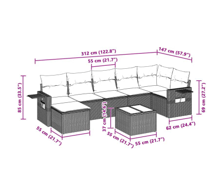 vidaXL 8-Hluta Gar&eth;s&oacute;fasett me&eth; Sessum Lj&oacute;sgr&aacute;r P&oacute;l&yacute;rattan