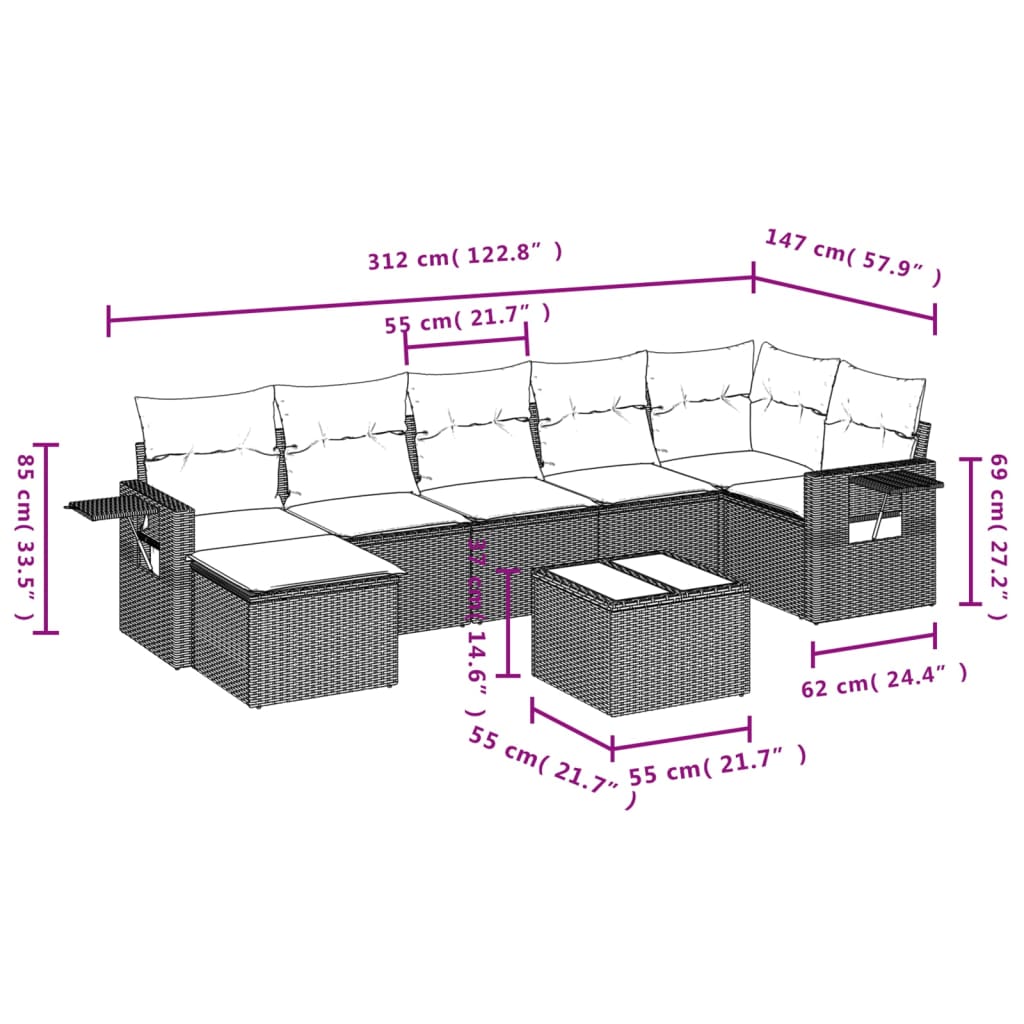 vidaXL 8-delige Loungeset met kussens poly rattan bruin afbeelding