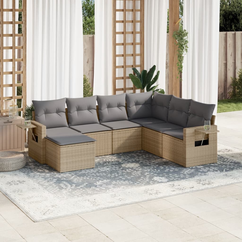 vidaXL 7-tlg. Garten-Sofagarnitur mit Kissen Beige Poly Rattan