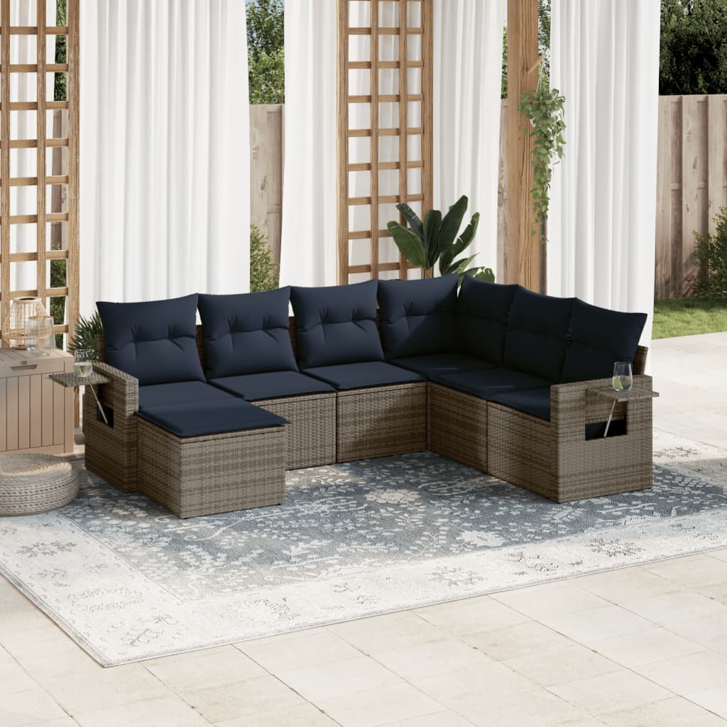 Set de sofás de jardín 7 pzas con cojines ratán sintético gris