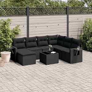 Vrtna sedežna garnitura 8-delna z blazinami črn poli ratan