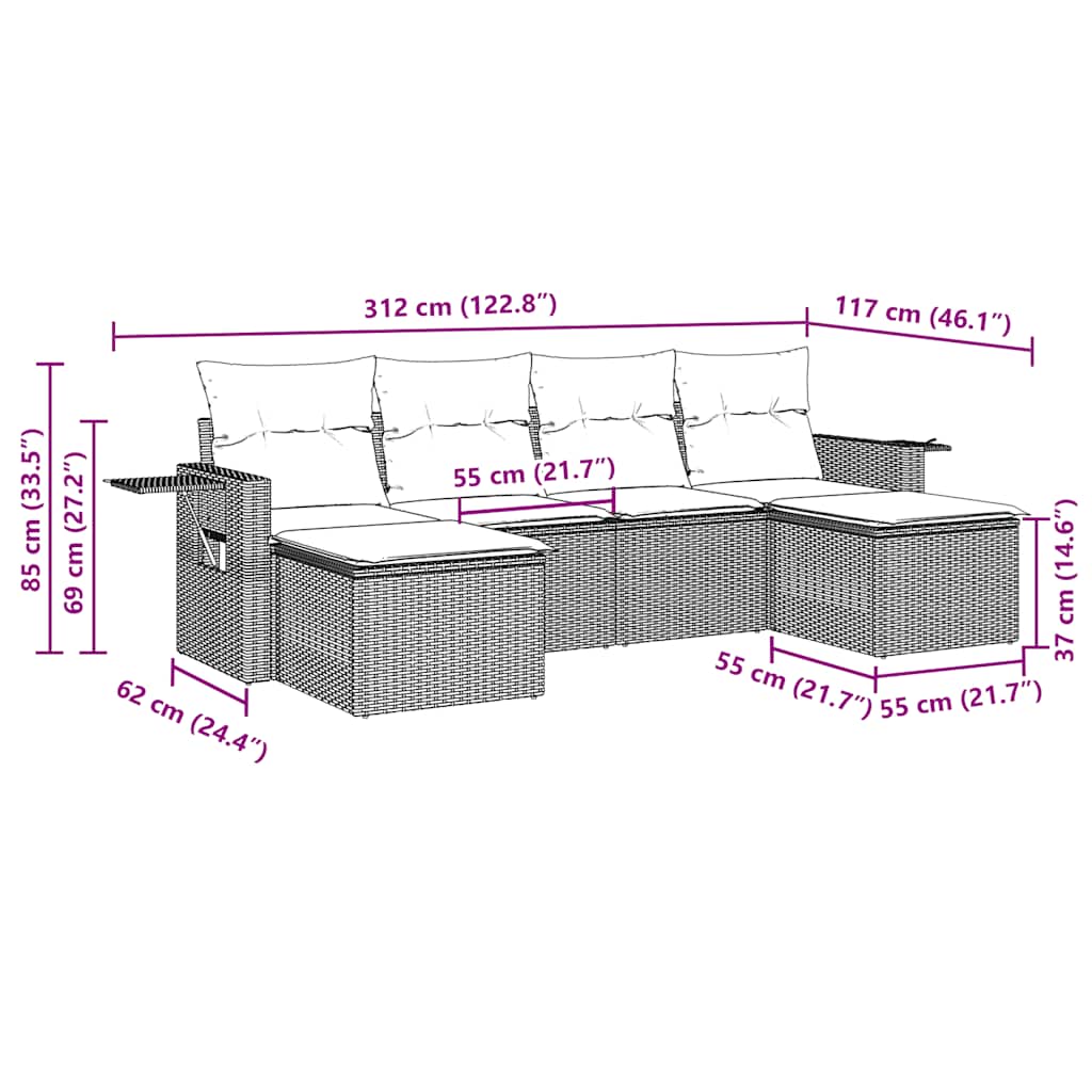 vidaXL 6-delige Loungeset met kussens poly rattan zwart afbeelding