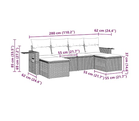 vidaXL 6-tlg. Garten-Sofagarnitur mit Kissen Hellgrau Poly Rattan