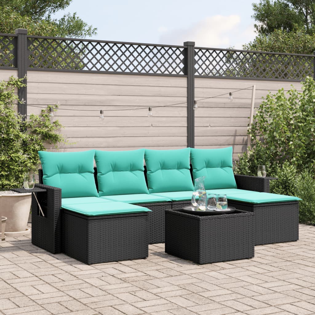 7 Piece Patio Sofa Set with Cushions Black Poly Rattan