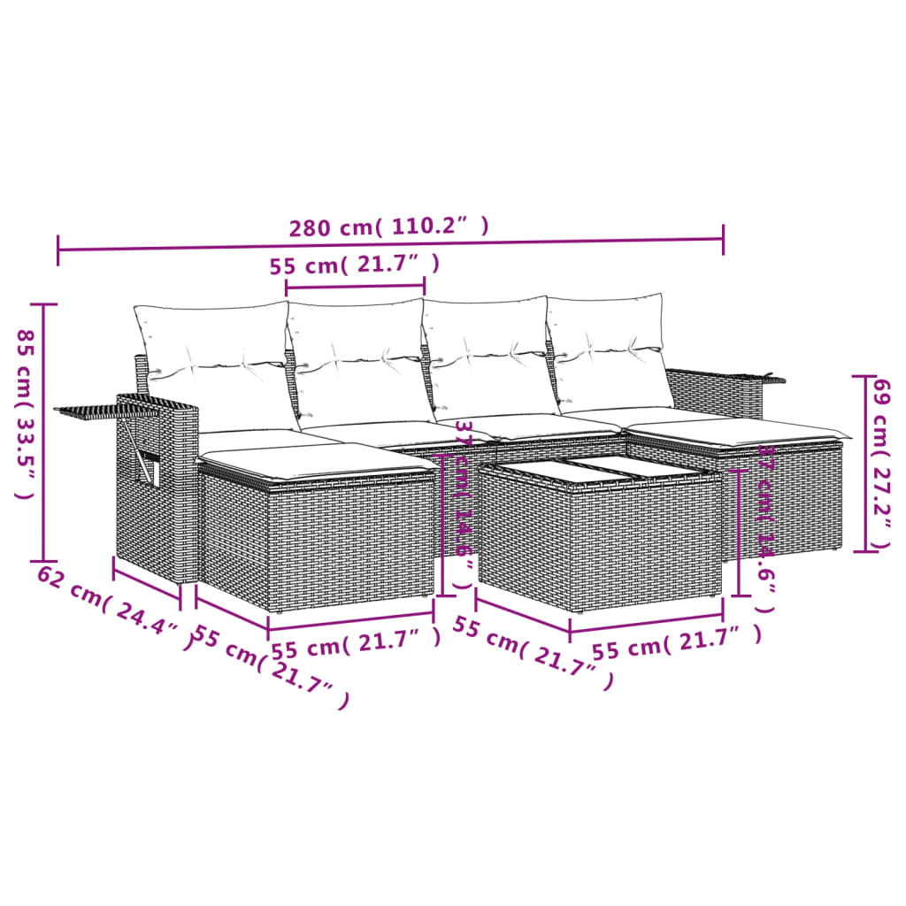 vidaXL 7-delige Loungeset met kussens poly rattan bruin