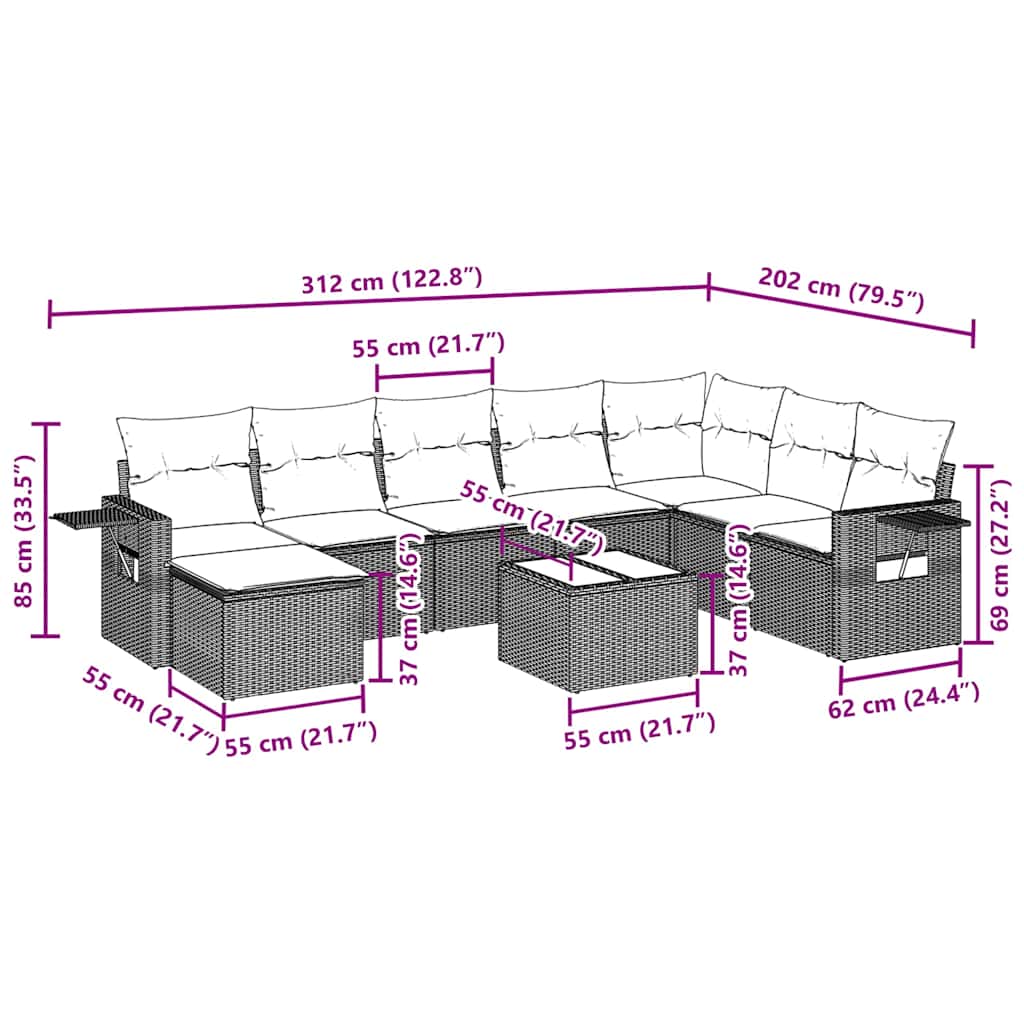 Set mobilier de grădină cu perne, 9 piese, negru, poliratan 3252903 - imagine 3