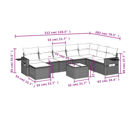 vidaXL 9-delige Loungeset met kussens poly rattan beige