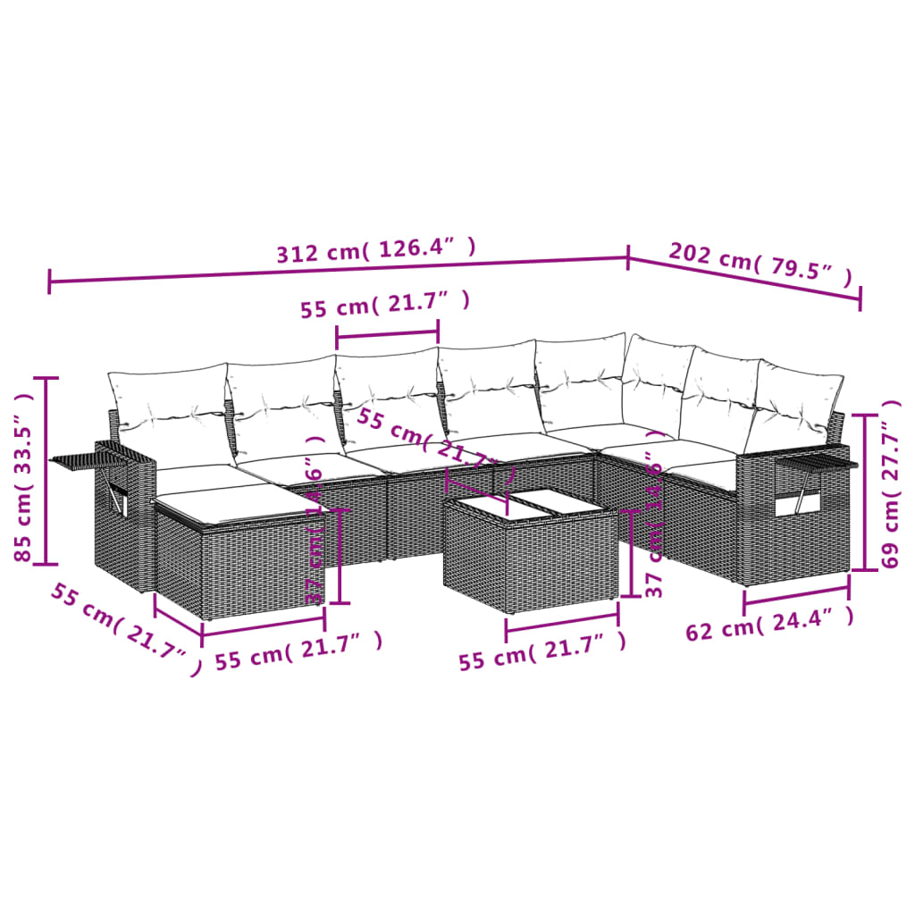 vidaXL 9-delige Loungeset met kussens poly rattan grijs afbeelding