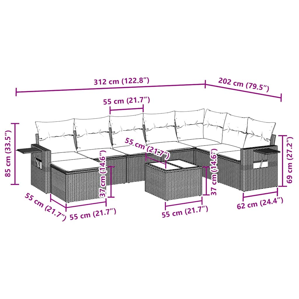 vidaXL 9-delige Loungeset met kussens poly rattan lichtgrijs afbeelding