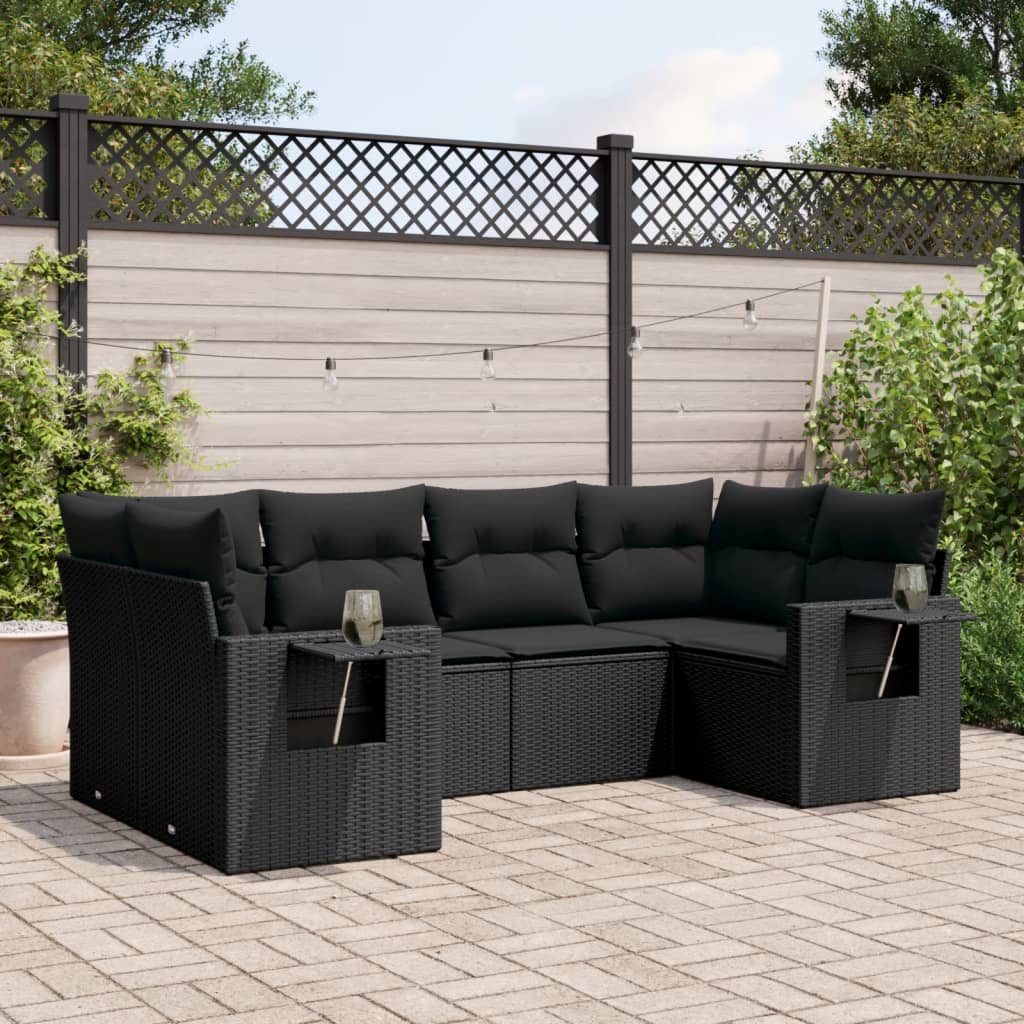 vidaXL 6-tlg. Garten-Sofagarnitur mit Kissen Schwarz Poly Rattan