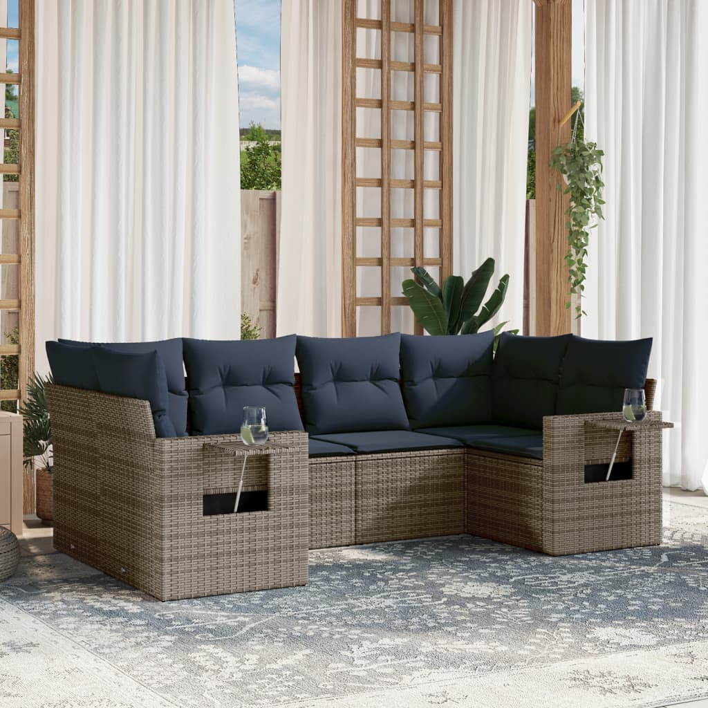Set de sofás de jardín 6 pzas con cojines ratán sintético gris