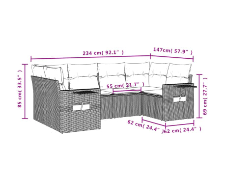 vidaXL 6-tlg. Garten-Sofagarnitur mit Kissen Hellgrau Poly Rattan