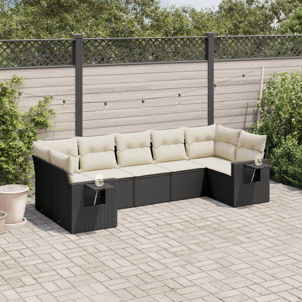 vidaXL 7-tlg. Garten-Sofagarnitur mit Kissen Schwarz Poly Rattan