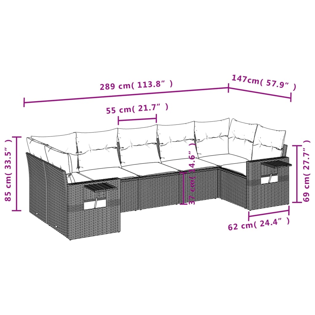 vidaXL 7-delige Loungeset met kussens poly rattan grijs afbeelding