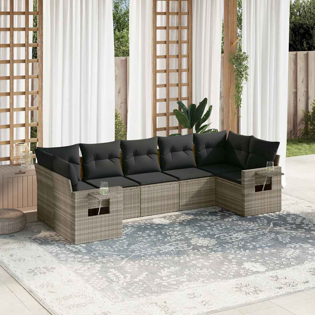 vidaXL 7-tlg. Garten-Sofagarnitur mit Kissen Hellgrau Poly Rattan