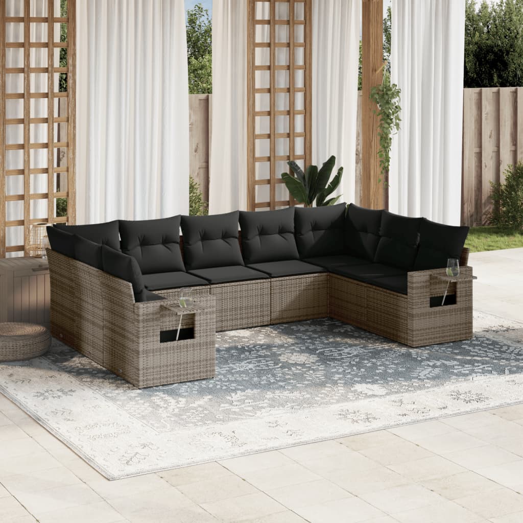 vidaXL 9-tlg. Garten-Sofagarnitur mit Kissen Grau Poly Rattan